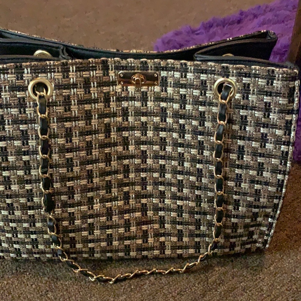 Black woven design handbag